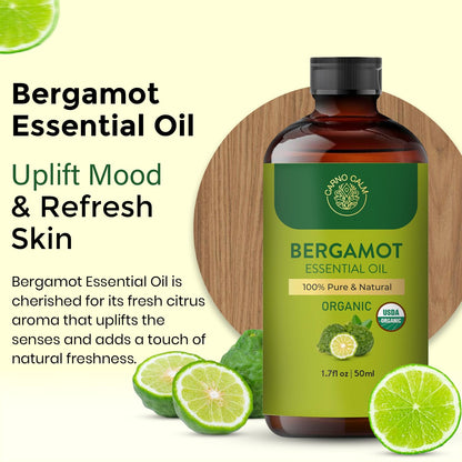 Carno Calm Bergamot Essential Oil | USDA Certified Organic | Bergamot Oil for Skin, Hair, Aromatherapy, Soap & Candle Making | 1.7 fl. oz