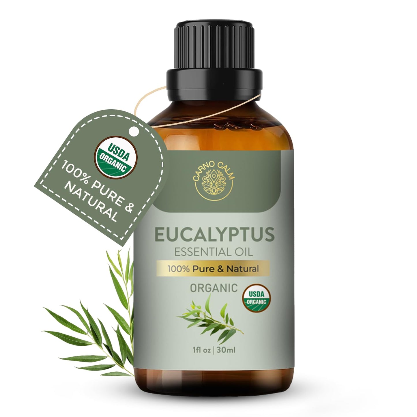 Carno Calm Eucalyptus Essential Oil | USDA Certified Organic Eucalyptus Oil | Skin & Hair Care | Aromatherapy & Diffuser | DIY Uses | 1 Fl oz
