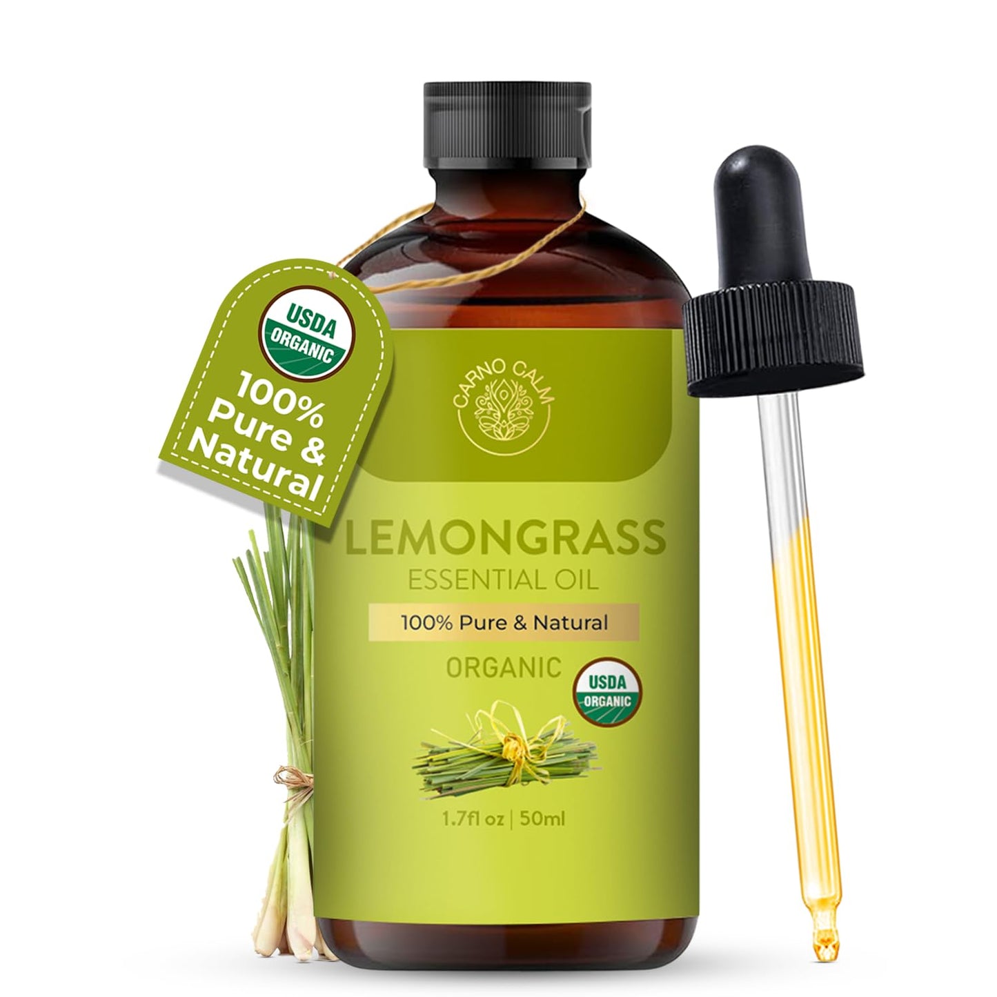 Carno Calm Lemongrass Essential Oil — USDA Organic, 1.7 fl oz | Aromatherapy, Skin & Hair Care