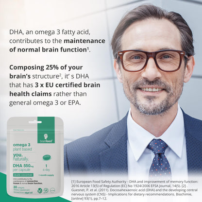 DHA Supplements (60) | Double Concentrate Omega 3 DHA 500mg PER Capsule - 1 a day | Brain & Eye Health Support | Vegan DHA - Omega 3 Algae Oil | DHA 1000mg x 2 Capsules | 2 Month Supply | Sustainable