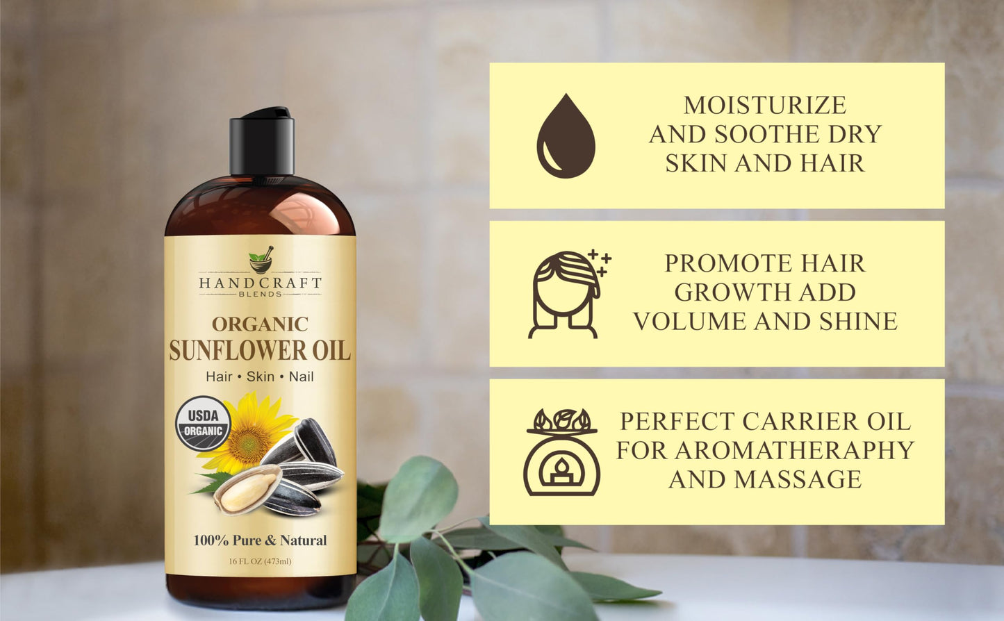 Handcraft Blends USDA Organic Sunflower Oil - Cold-Pressed 16 Oz - 100% Pure and Natural - Premium Grade Carrier Oil for Skin and Hair - Hair and Body - Massage - Hexane-Free