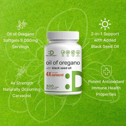 Oil of Oregano Softgels with Black Seed Oil – 300 Count (30:1 Extract) | Carvacrol & Thymoquinone – Antioxidant Immune Support – Plant Based, Non-GMO