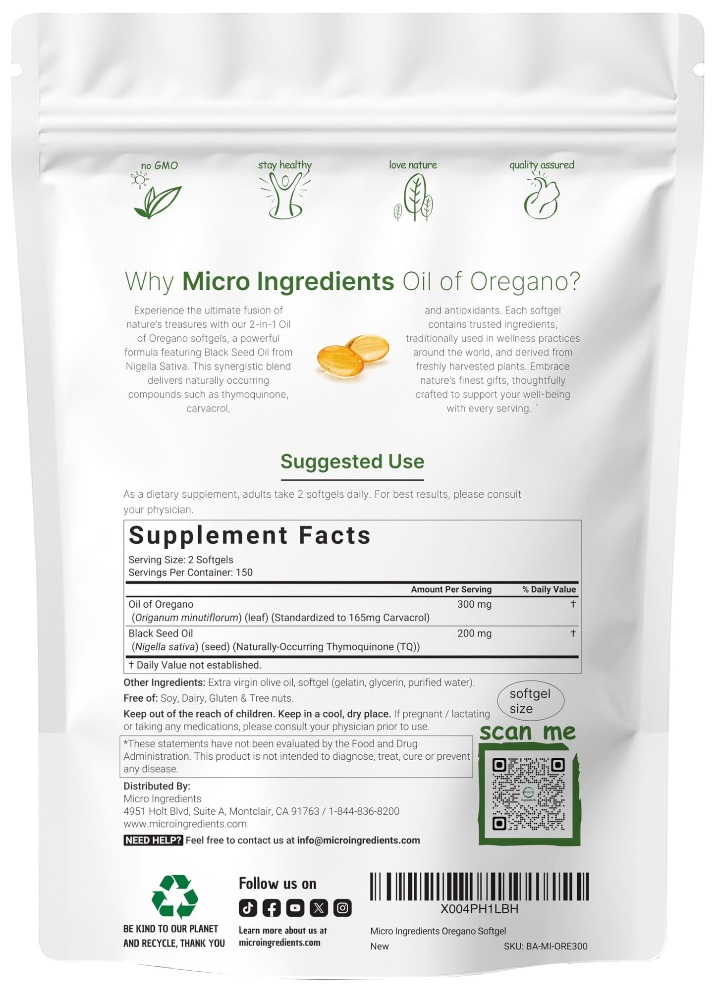 Oil of Oregano Softgels 300 Count – 2-in-1 Black Seed Oil (4X Carvacrol)