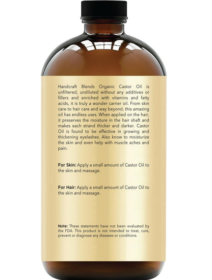 Handcraft Blends Cold-Pressed Organic Castor Oil 16 Fl Oz | Glass Bottle | 100% Pure & Natural | Premium Grade Carrier Oil | Hair, Eyelashes and Eyebrows | Hair and Body