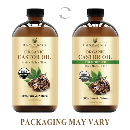Handcraft Blends Cold-Pressed Organic Castor Oil 16 Fl Oz | Glass Bottle | 100% Pure & Natural | Premium Grade Carrier Oil | Hair, Eyelashes and Eyebrows | Hair and Body