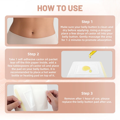 30Pcs Castor Oil Pack Wrap - Organic Cotton Belly Button Patch | Disposable Anti-Leak Pads (5.1 x 3.9 in) White & Skin