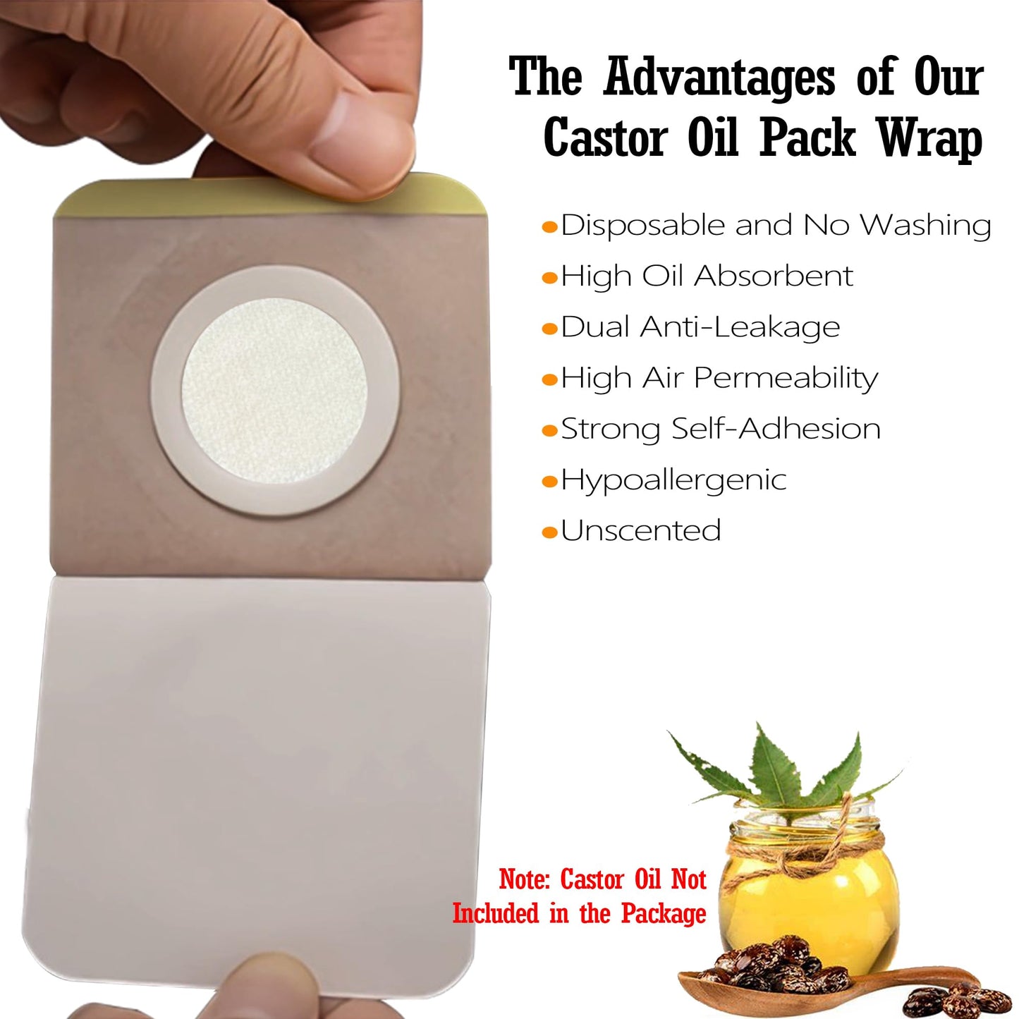 15 Pack 3.2\" Disposable Castor Oil Pack Wrap for Belly Button, Self-Adhesive Castor Oil Patches with Organic Cotton Pad, No Wash, No Irritation, and Anti-Leakage Men Women Day and Night Use