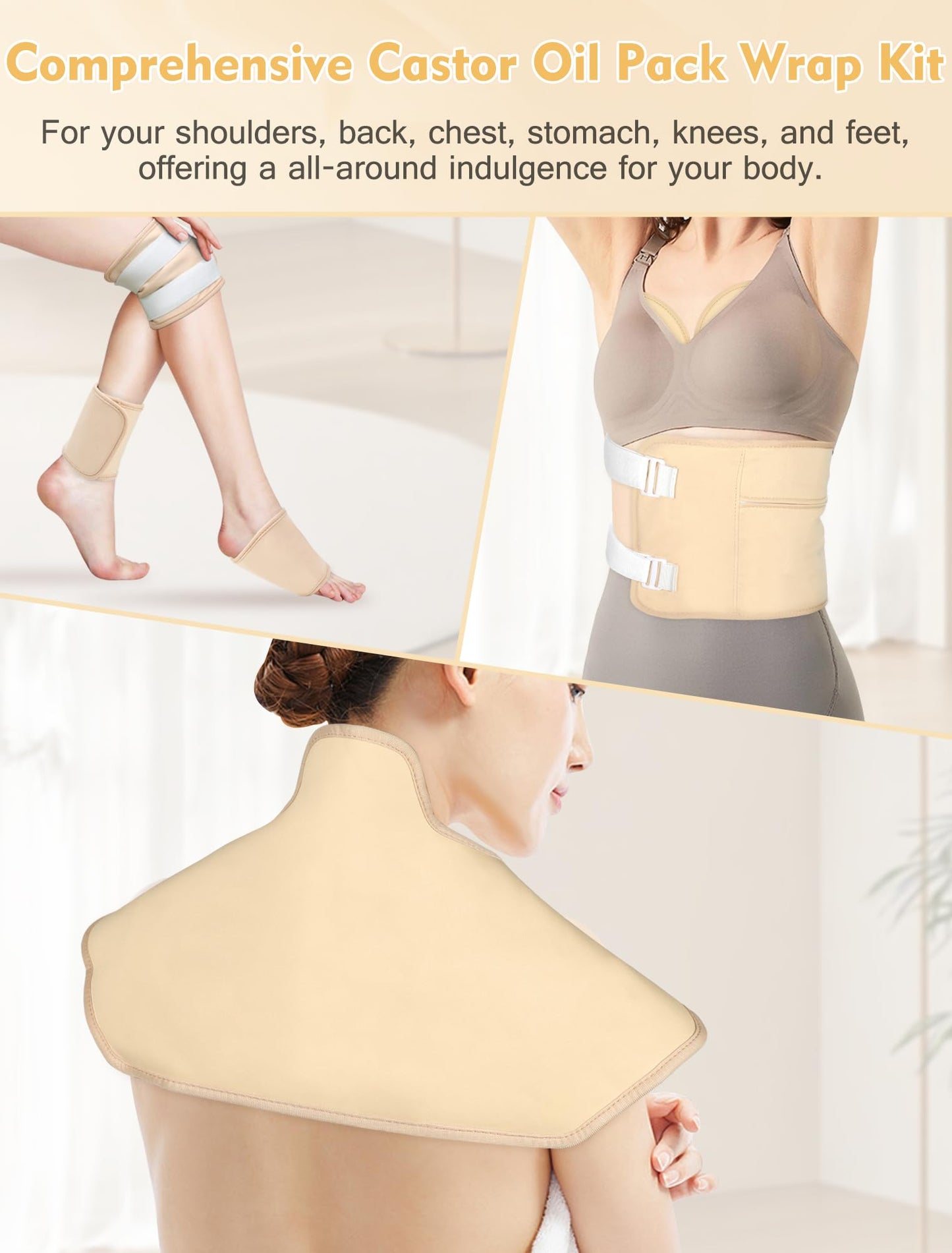 Castor Oil Pack Wrap Kit - 9pcs Reusable Organic Cotton, Adjustable Leak-Proof Wraps for Shoulders, Neck, Back & More