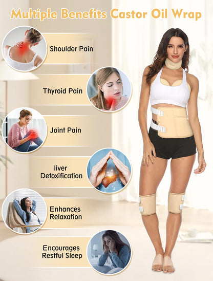 Castor Oil Pack Wrap Kit - 9pcs Reusable Organic Cotton, Adjustable Leak-Proof Wraps for Shoulders, Neck, Back & More