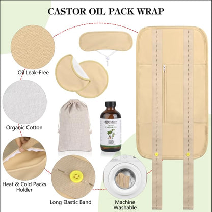 Organic Castor Oil Cold Pressed – 8oz Glass Bottle | Castor Oil Pack Wrap (Organic Cotton) for Neck, Chest & Abdomen