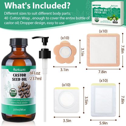 40 Pcs Castor Oil Patches Kit - Organic Cold-Pressed Castor Oil (8oz)