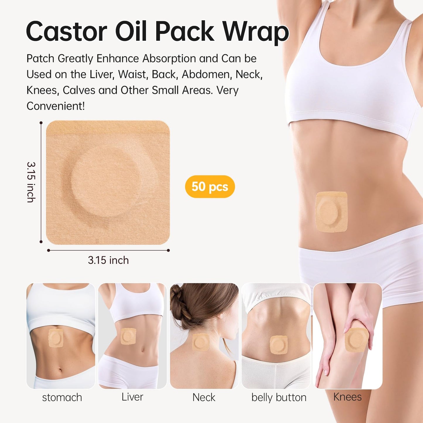 Castor Oil Patches 50-Pack (Small 3.15 x 3.15) – Self-Adhesive, Leak-Free, Organic Cotton Pack for Stomach & Liver Detox