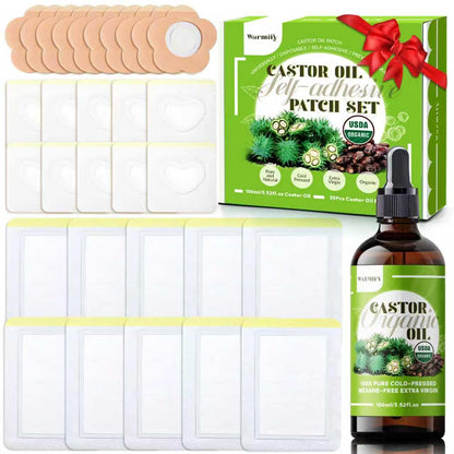 Castor Oil Patches Kit – Organic Cold-Pressed Castor Oil, 3.5oz Bottle + 30 Self-Adhesive Patches