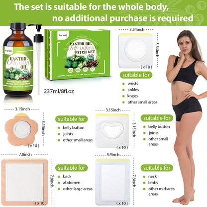 Castor Oil Patches Kit – 50 Patches + 8oz Organic Cold-Pressed Castor Oil