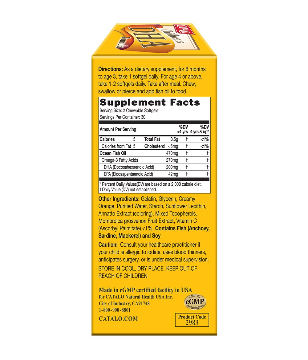 CATALO Children’s DHA Formula – 200mg DHA Chewable Softgels for Kids, Orange Flavor, 30 Softgels