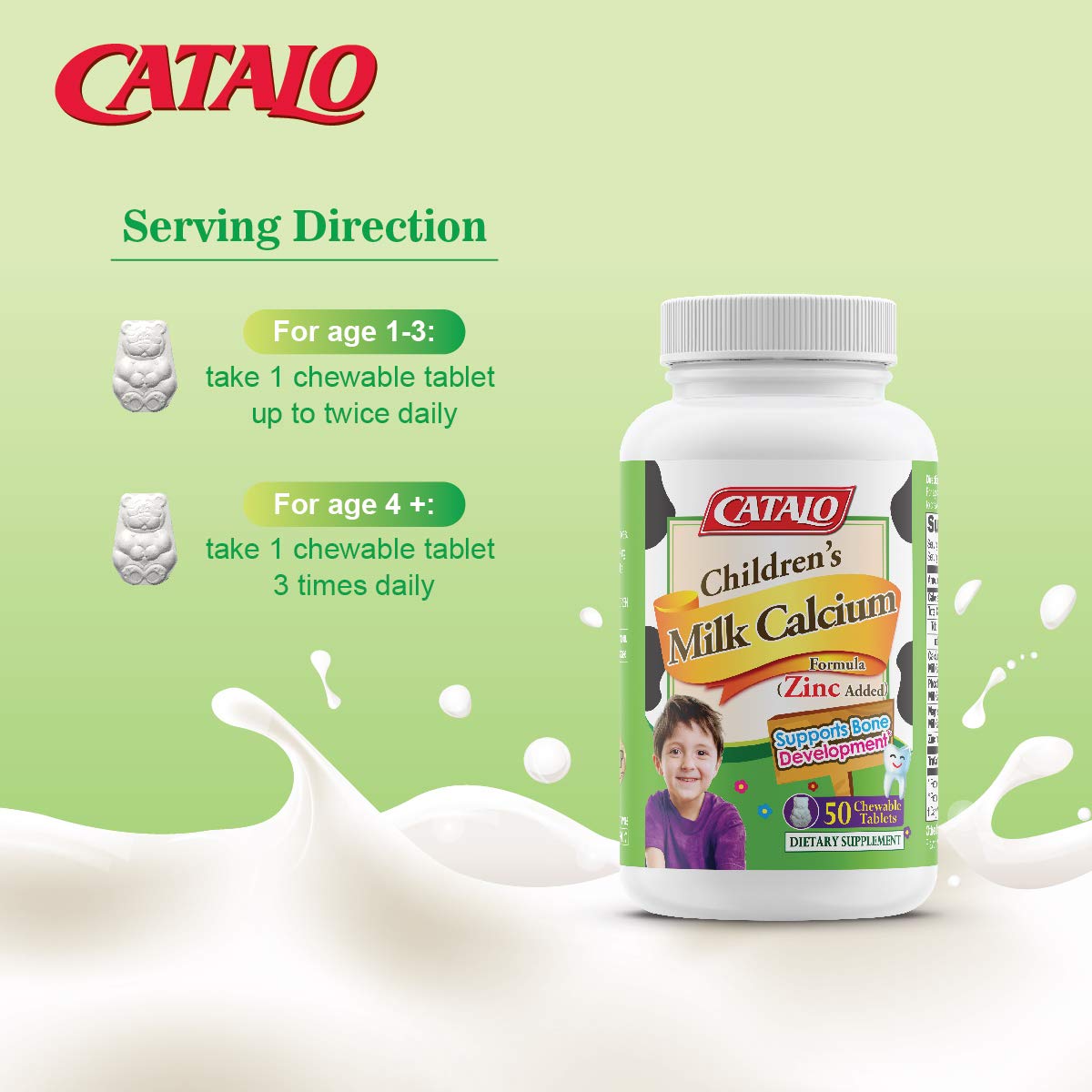 CATALO Toddler Children's Milk Calcium Formula with Zinc Added - Vanilla Flavor, 100 Chewable Tablets