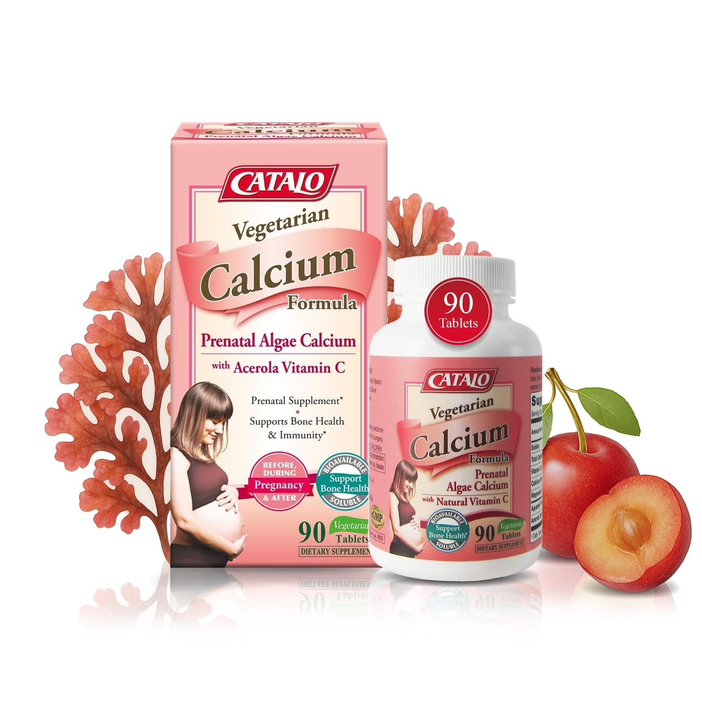 CATALO Vegetarian Calcium for Women - Plant-Based Red Algae Calcium with Magnesium & Vitamin C - 90 Tablets