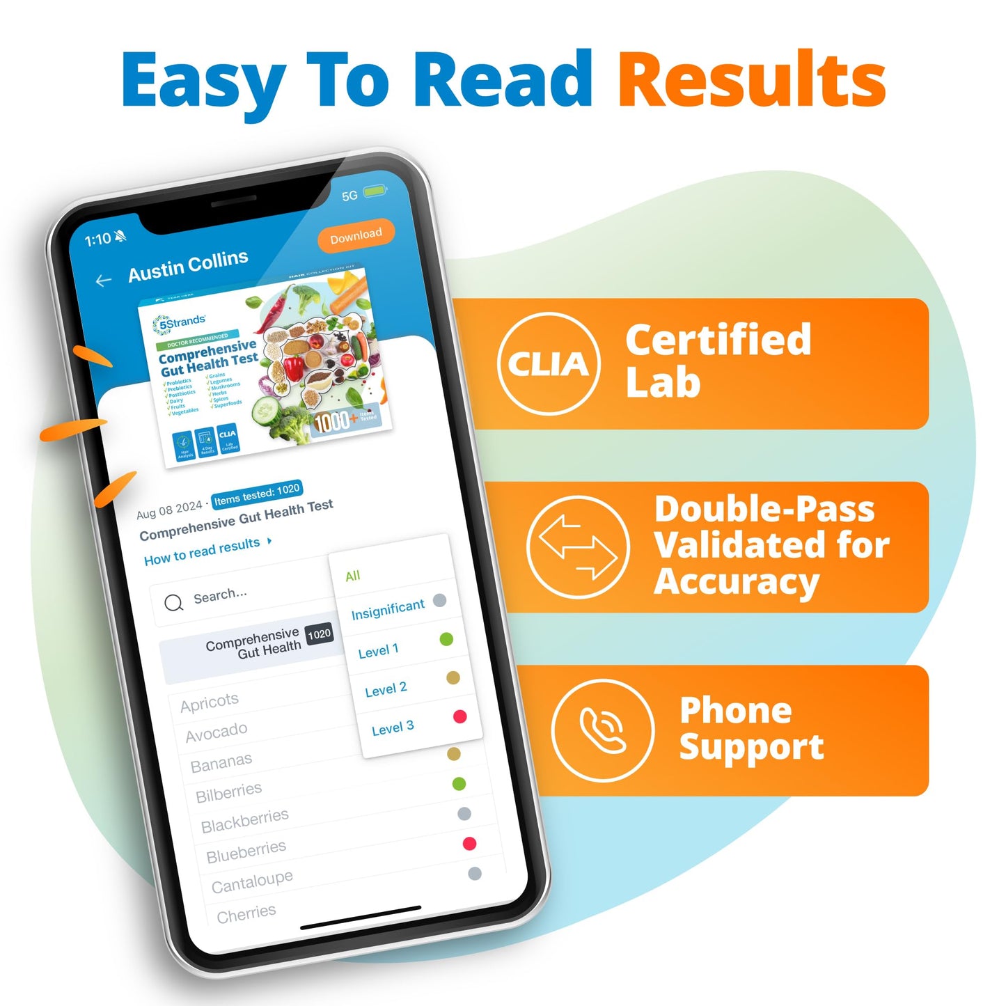 5Strands Gut Health Test for Adults & Kids — At-Home Hair Sample, 1,020 Items