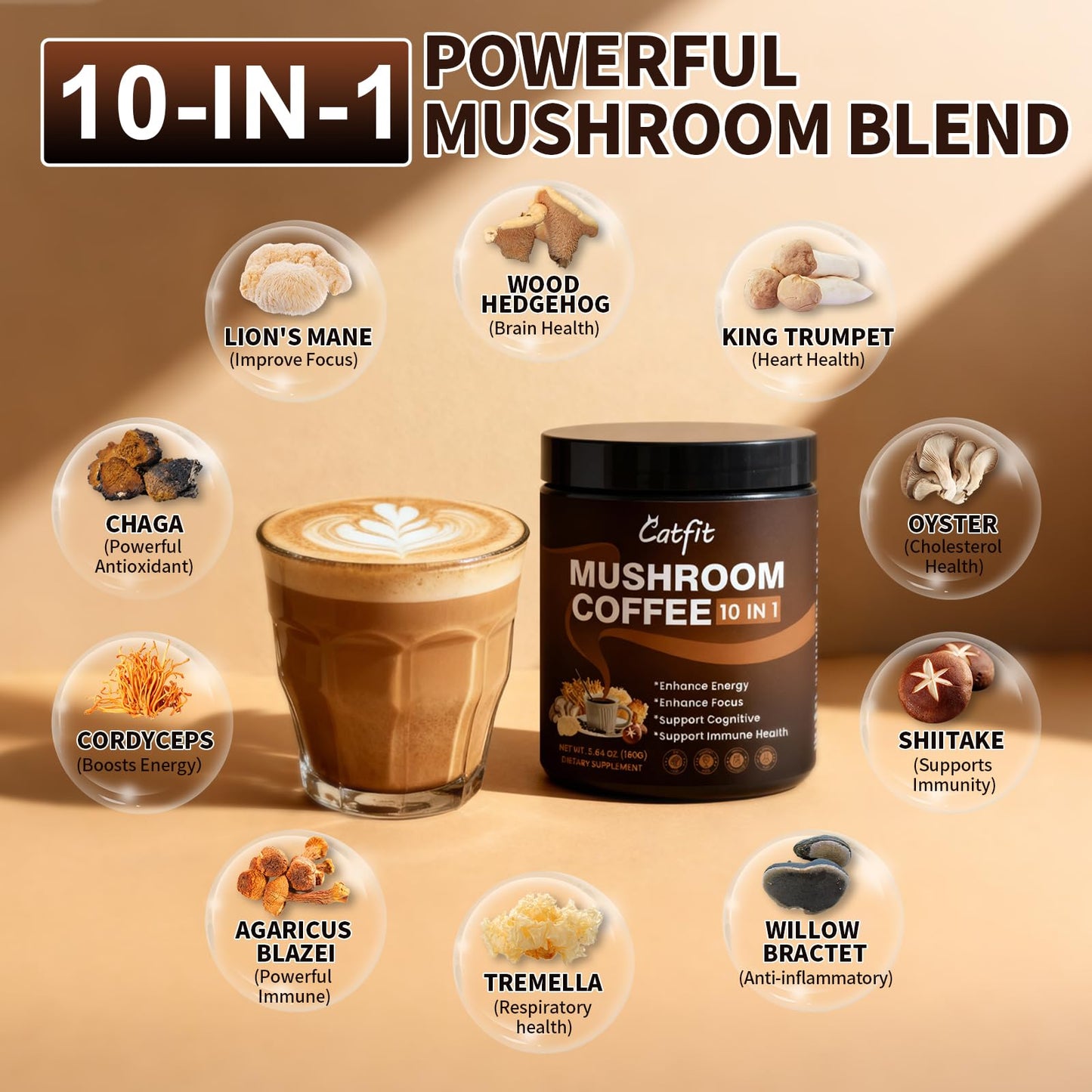 Catfit Mushroom Coffee Powder – 10-Mushroom Blend with Lion’s Mane, Chaga, Cordyceps, L-Theanine | 50 Servings
