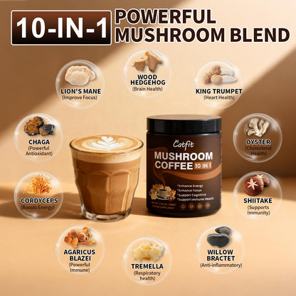 Catfit Mushroom Coffee Powder – 10-Mushroom Blend with Lion’s Mane, Chaga, Cordyceps, L-Theanine | 50 Servings