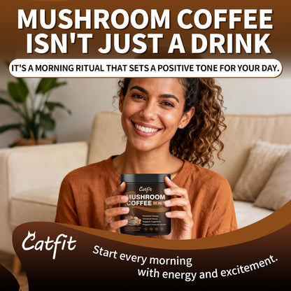 Catfit Mushroom Coffee Powder – 10-Mushroom Blend with Lion’s Mane, Chaga, Cordyceps, L-Theanine | 50 Servings