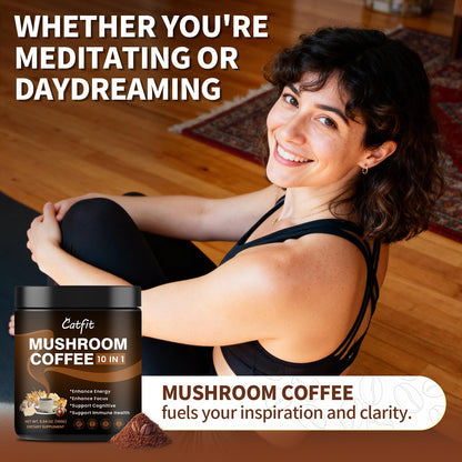 Catfit Mushroom Coffee Powder – 10-Mushroom Blend with Lion’s Mane, Chaga, Cordyceps, L-Theanine | 50 Servings