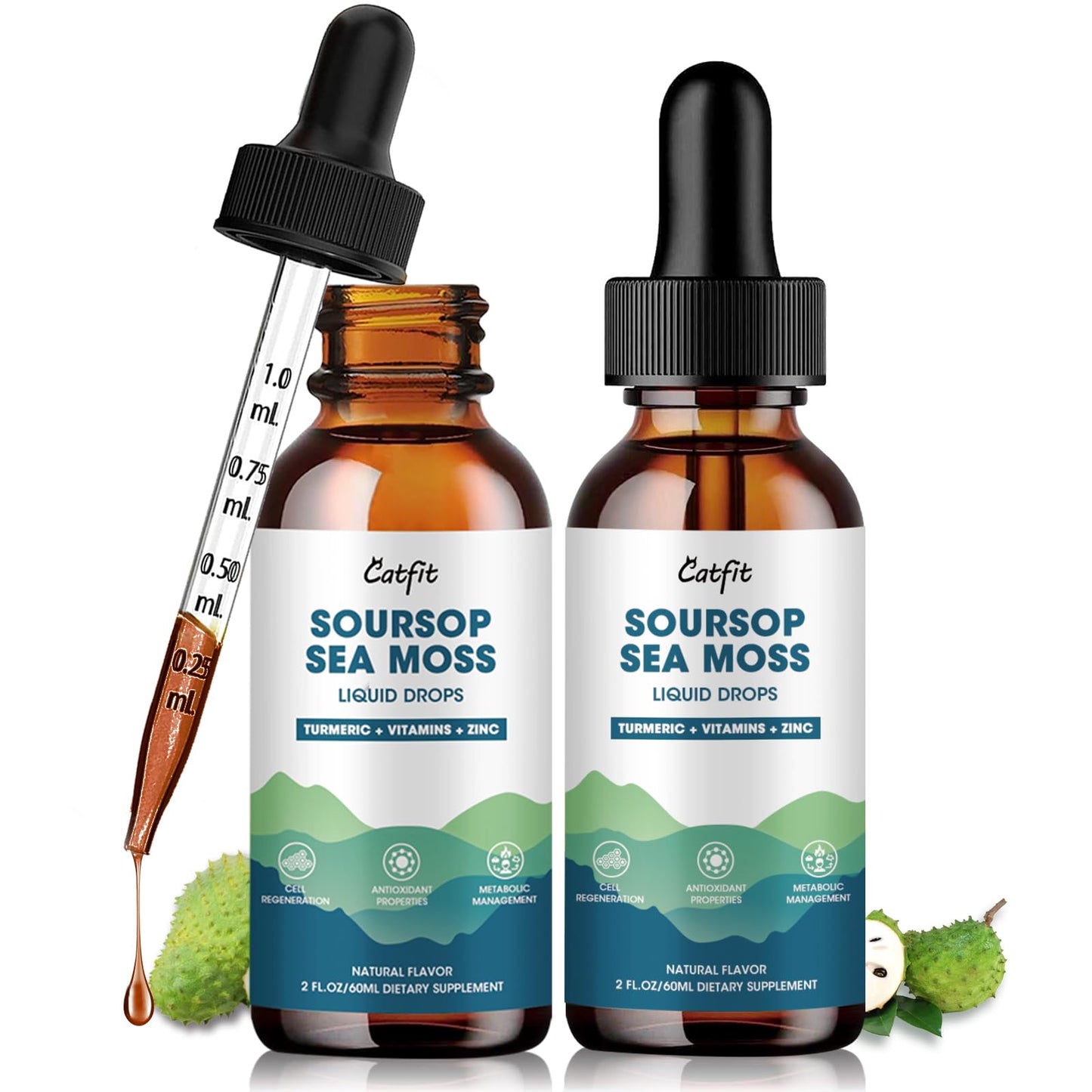 Catfit Soursop Graviola Liquid Drops – 2 Pack with Sea Moss & Turmeric, Immunity Support (2 fl oz)