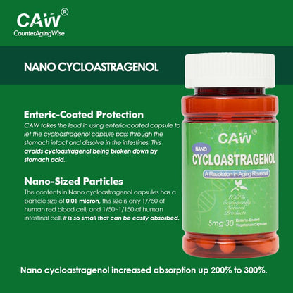 CAW Nano Cycloastragenol 98% 5mg 30 Caps | Anti-Aging Telomere Plus | Non-GMO, Made in USA | Better Absorption | Enteric-Coated Vegetarian Capsules (6 Bottles)