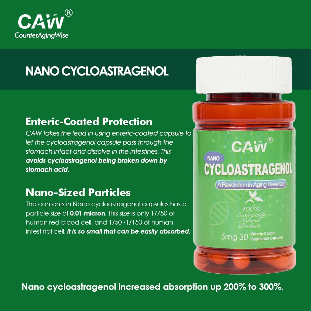 CAW Nano Cycloastragenol 98% 5mg 30 Caps | Anti-Aging Telomere Plus | Non-GMO, Made in USA | Better Absorption | Enteric-Coated Vegetarian Capsules (3 Bottles