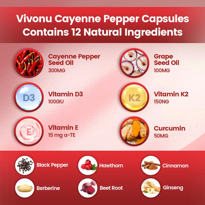 Cayenne Pepper Softgels Supplement, Supports Leg Vein, Heart and Blood Vessel Health, with Vitamin E D3+K2 and Extracts of Grape Seed, Hawthorn, Beetroot, Berberine and Others (240 Softgels / 1 Pack)