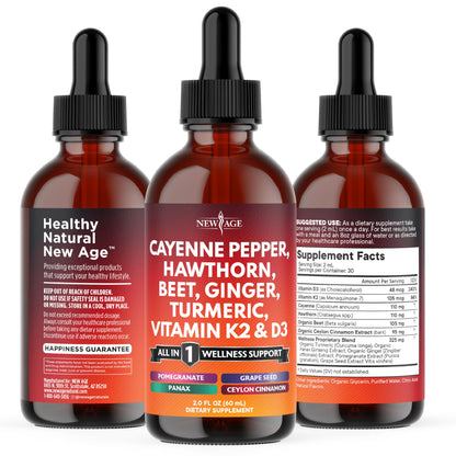 Cayenne Pepper Liquid Drops with Hawthorn Berry, Vitamin D3 K2 – 6oz