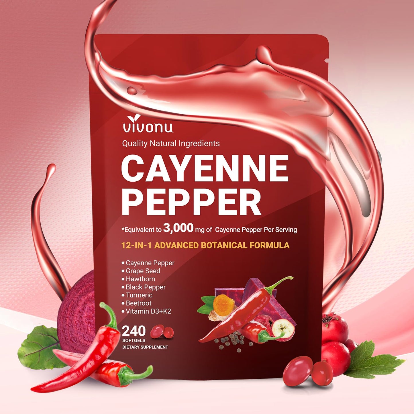 Cayenne Pepper Softgels Supplement, Supports Leg Vein, Heart and Blood Vessel Health, with Vitamin E D3+K2 and Extracts of Grape Seed, Hawthorn, Beetroot, Berberine and Others (240 Softgels / 1 Pack)