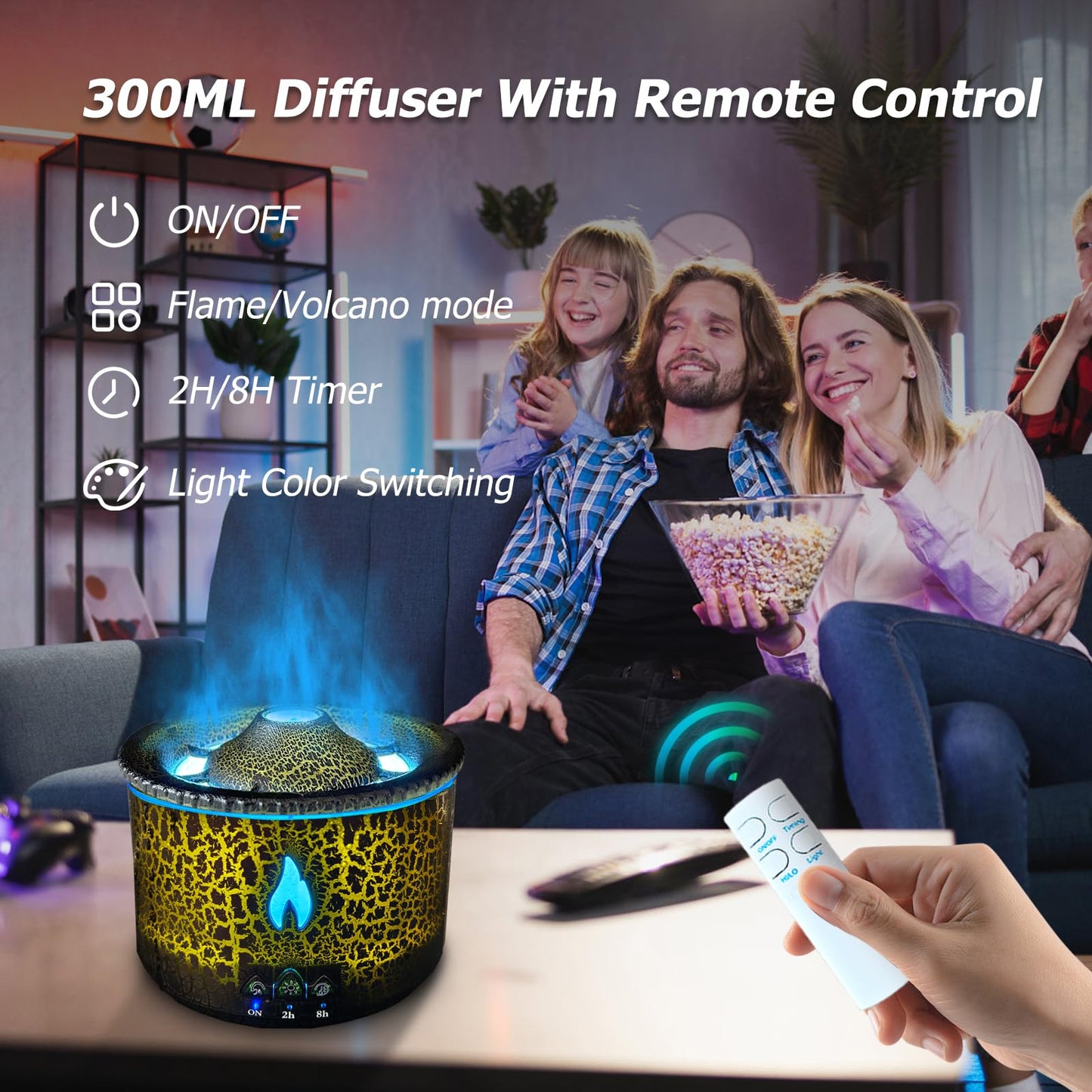 Cechlicht Volcano Diffuser 300ml – Flame & Volcano Mist Mode, Remote, Auto Shut-Off, 2 Colors | Essential Oil Diffuser