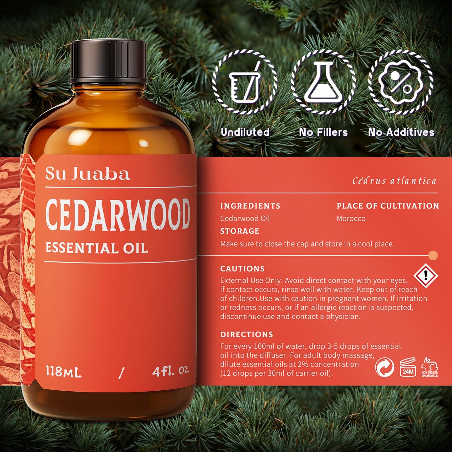 SU JUABA Cedarwood Essential Oil 4 oz | 100% Pure Natural Aromatherapy for Hair, Massage, Relaxation & Skin Care – 118 ml