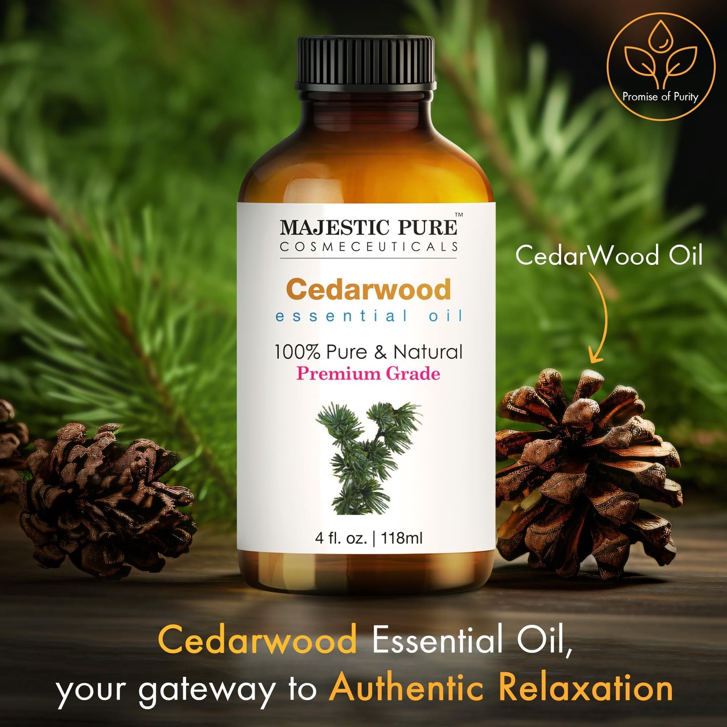 Majestic Pure Cedarwood Essential Oil with Glass Dropper – 100% Pure & Natural – 4 Fl Oz