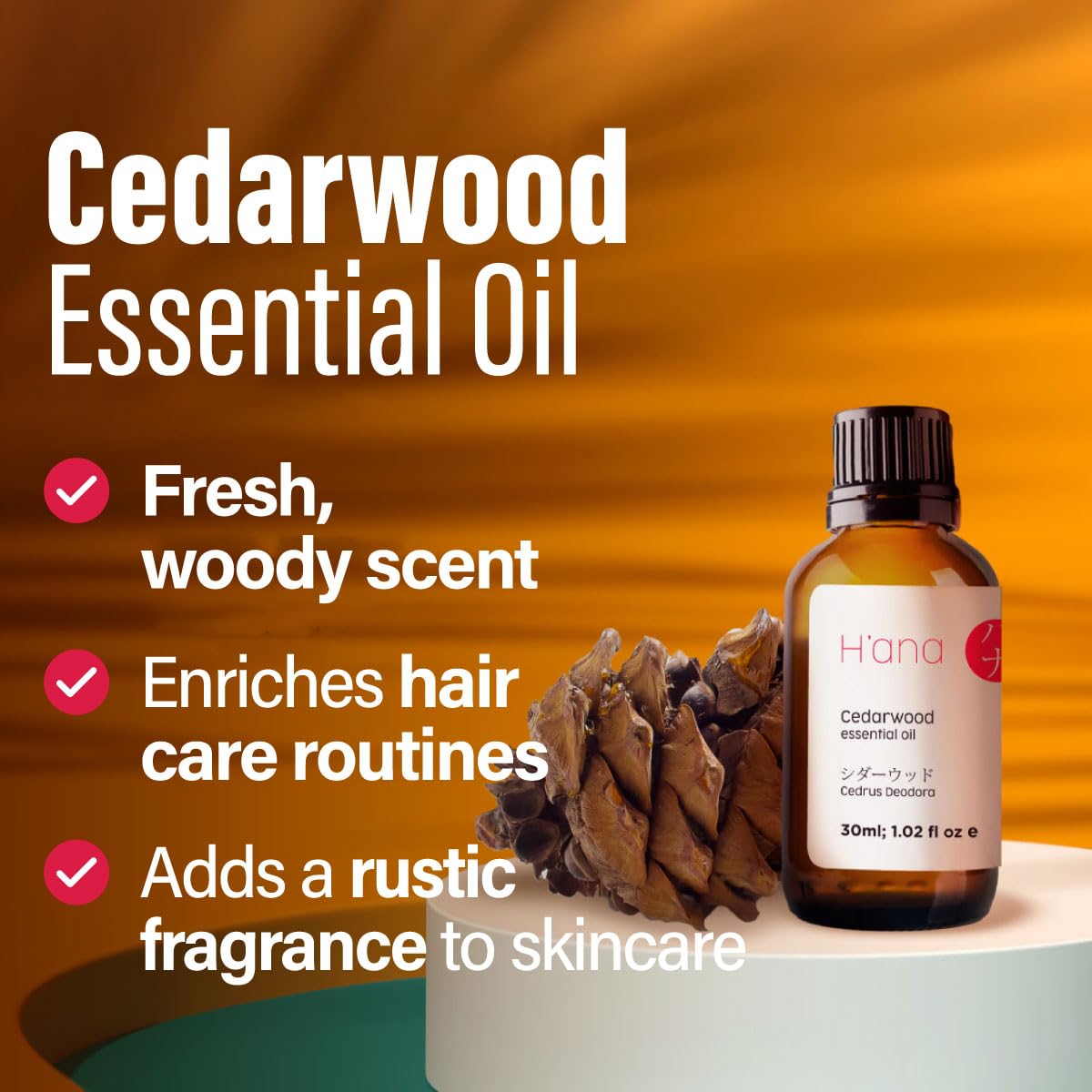 H'ana Cedarwood Essential Oil - 1.02 Fl Oz - for Hair, Skin, Diffuser, Aromatherapy, DIY Candle & Soap Making