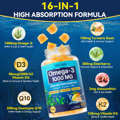 Ceecisee Vegan Omega-3 Gummies 1000mg – Algae DHA 600mg / EPA 300mg + Vitamin D3
