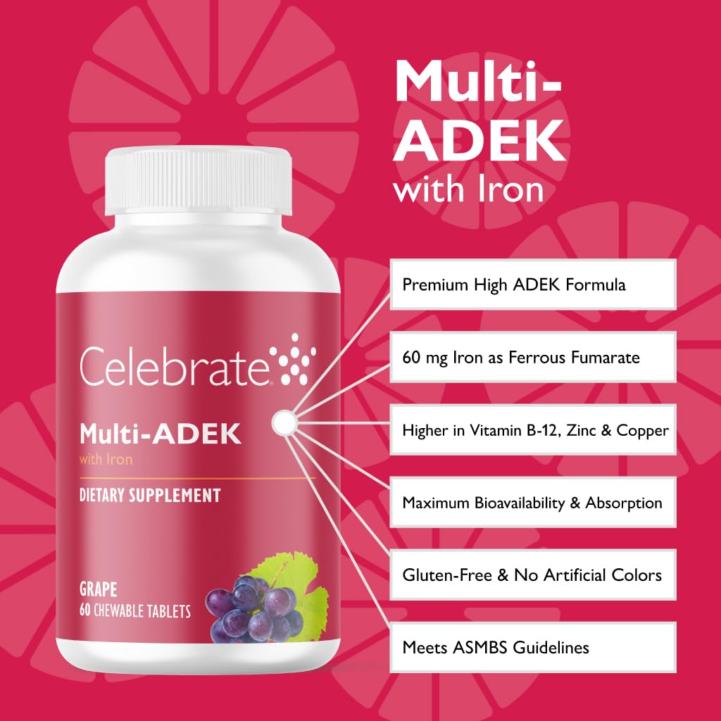 Celebrate Vitamins Multi ADEK Chewables with 60mg Iron | Bariatric Daily Multivitamin, Grape (60 Tablets) - Duodenal Switch & SADI/SIPS
