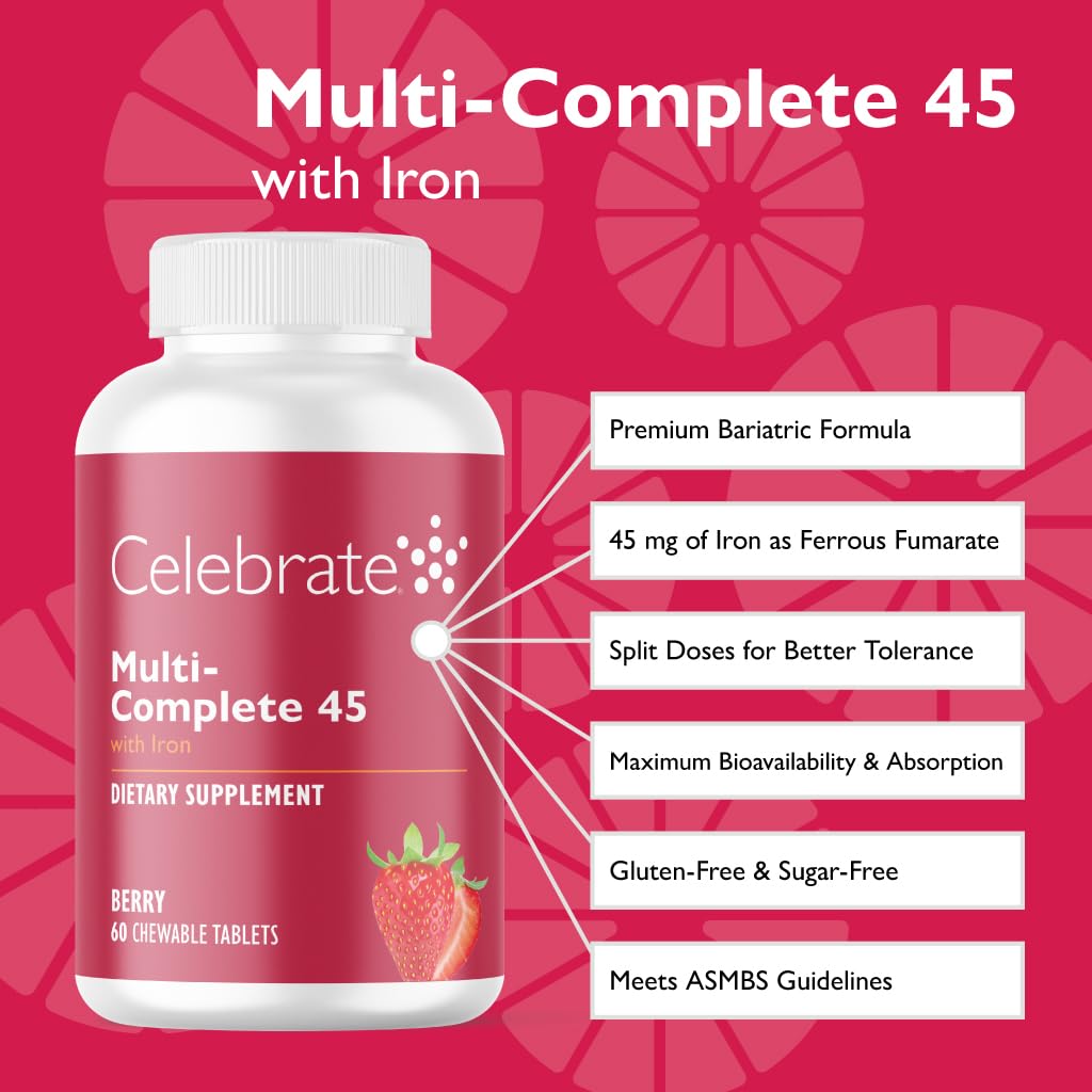Celebrate Vitamins Multi-Complete Chewables – 45mg Iron | Bariatric Multivitamin for Sleeve Gastrectomy & Gastric Bypass (Berry, 60 Tablets)