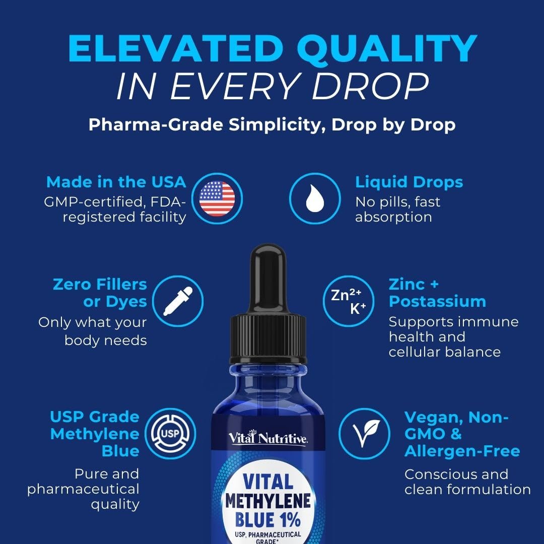 Vital Methylene Blue Drops 1% – Pharmaceutical Grade for Humans | 1 fl oz (30 mL)
