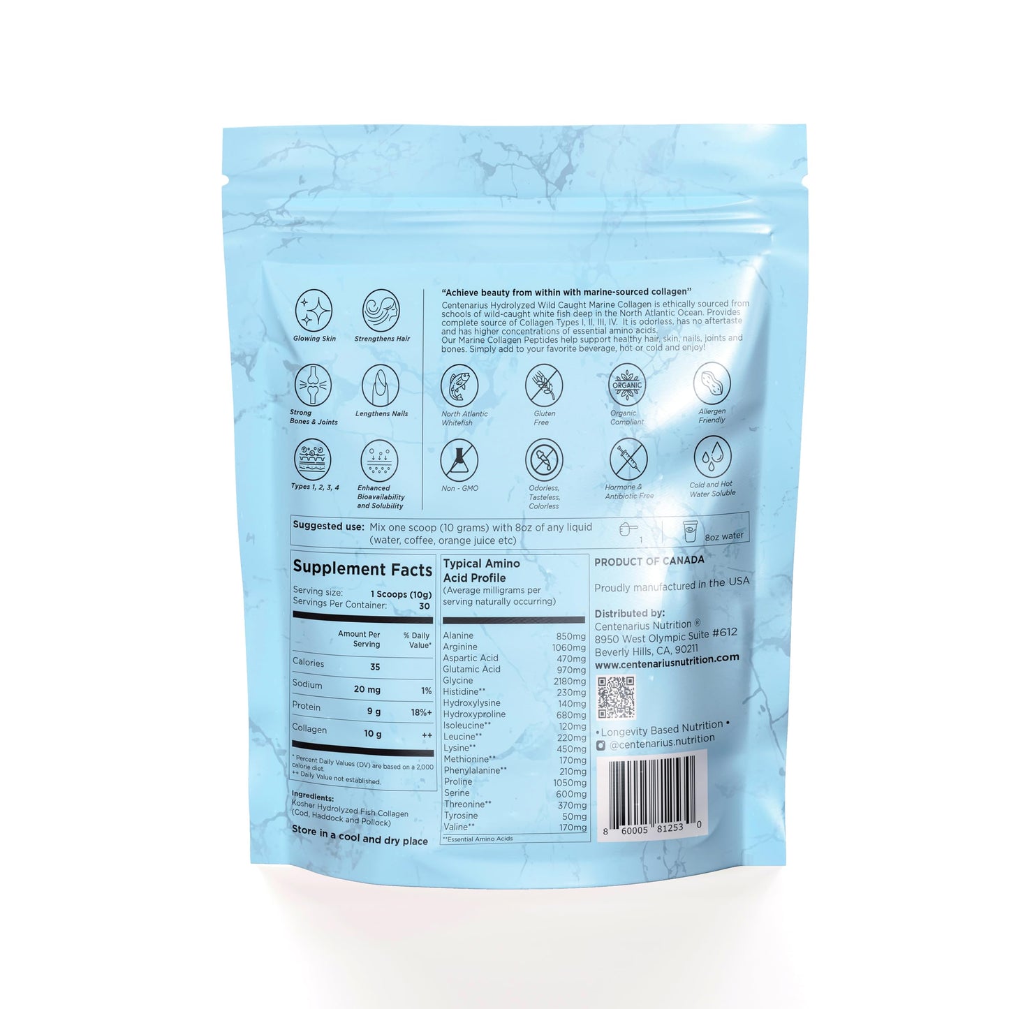 Centenarius Nutrition Hydrolyzed Marine Collagen Peptides — Wild-Caught Fish Collagen Powder (300g)