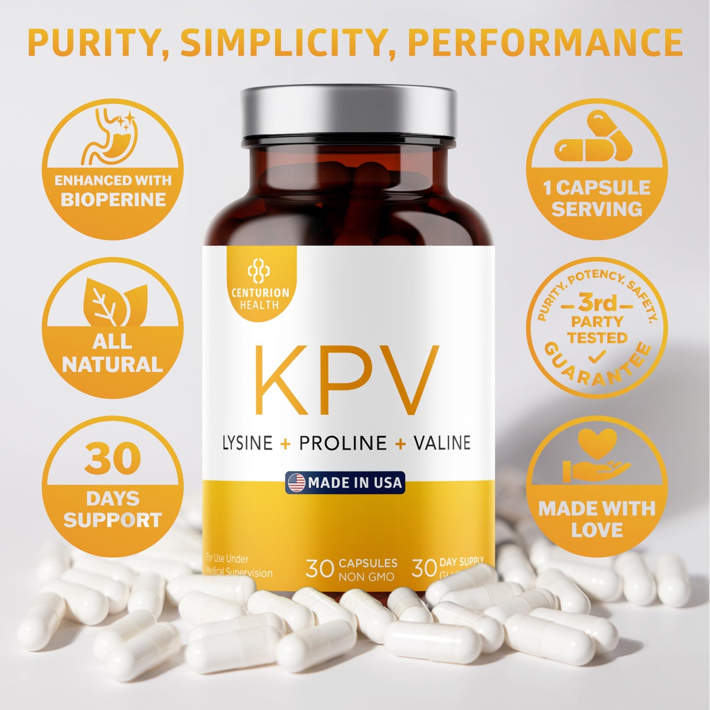 Centurion Labs KPV Supplement: Lysine-Proline-Valine Peptide with BioPerine, 500mcg per Serving, 30 Capsules