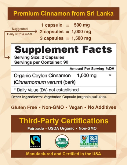 Ceylon Cinnamon Shop: Organic Ceylon Cinnamon Supplement, 180 Capsules (3 Month Supply)