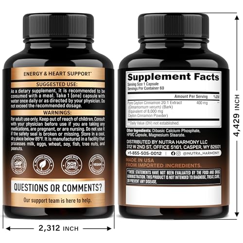 Ceylon Cinnamon Capsules – Extra Strength for Energy, Metabolism & Heart Health | 60 Capsules | Made in USA