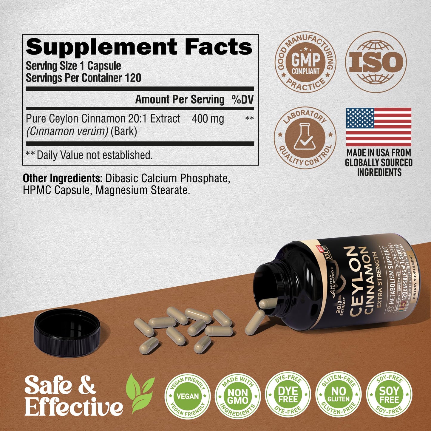 Ceylon Cinnamon Capsules - Extra Strength - 120 Caps - USA Made