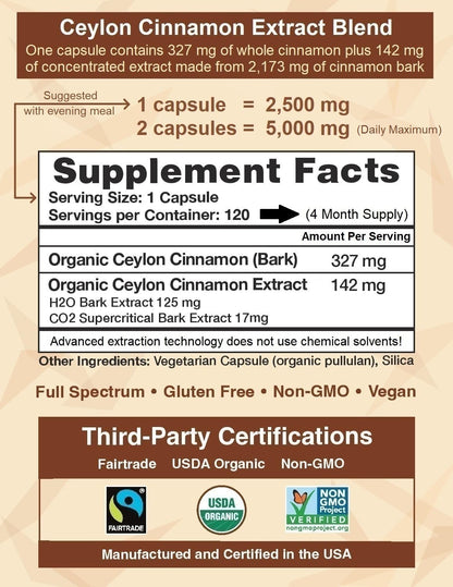 Ceylon Cinnamon Shop CinnaGuard Organic Cinnamon 2500mg – Extra Strength, 120 Count