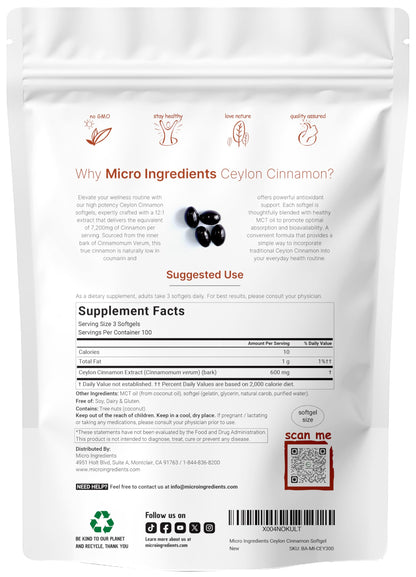 Ceylon Cinnamon Softgels with MCT Oil | 300 Count | Micro Ingredients