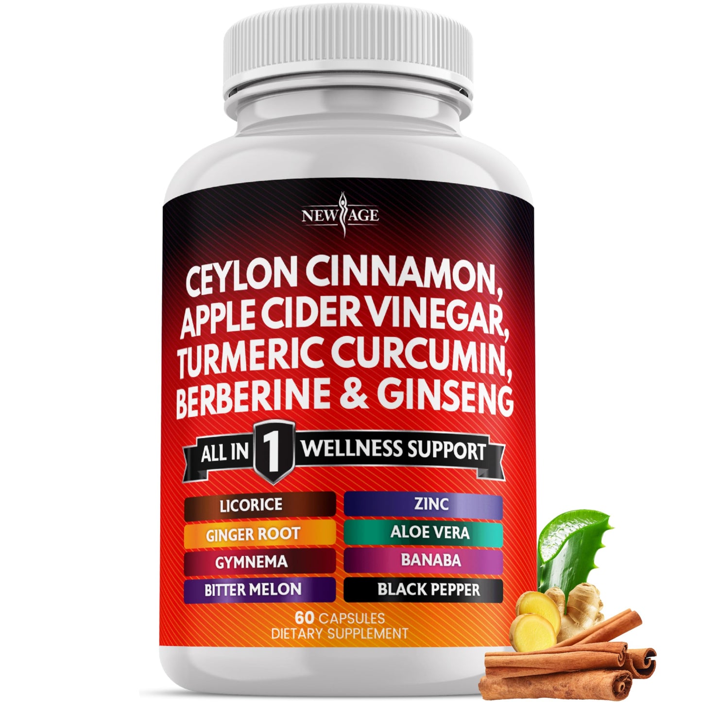 Ceylon Cinnamon Turmeric ACV Ginseng Berberine Banaba 60 Count