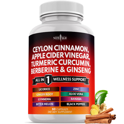 Ceylon Cinnamon Turmeric ACV Ginseng Berberine Banaba 60 Count