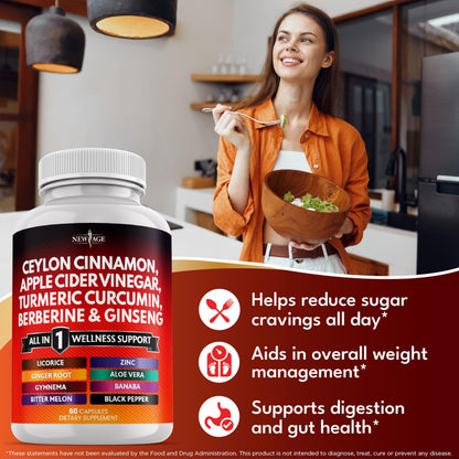 Ceylon Cinnamon Turmeric ACV Ginseng Berberine Banaba 60 Count